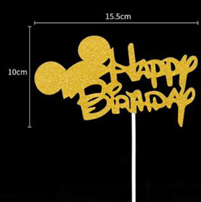 

Hot 1pcs Creative Cake Topper Happy Birthday Flags Mickey Gold For Family Birthday Party Cake Baking Decoration Supplies