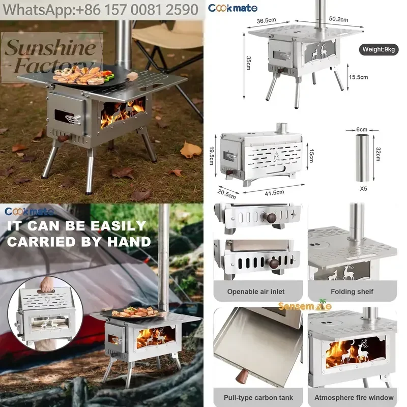 Portable Stainless Steel Tent Stove for Outdoor Camp Cooking Folding Wood Burning BBQ Grill with Chimney Gloves Made in China