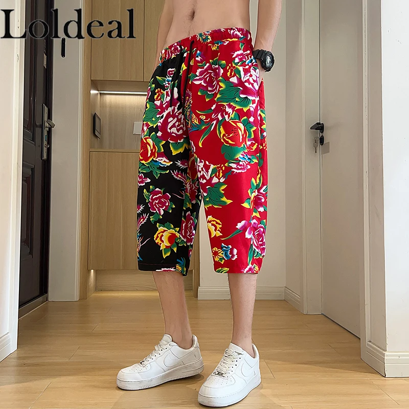 Pantalones recortados de empalme Floral grande para hombres, pantalones deportivos casuales de gran tamaño con características étnicas