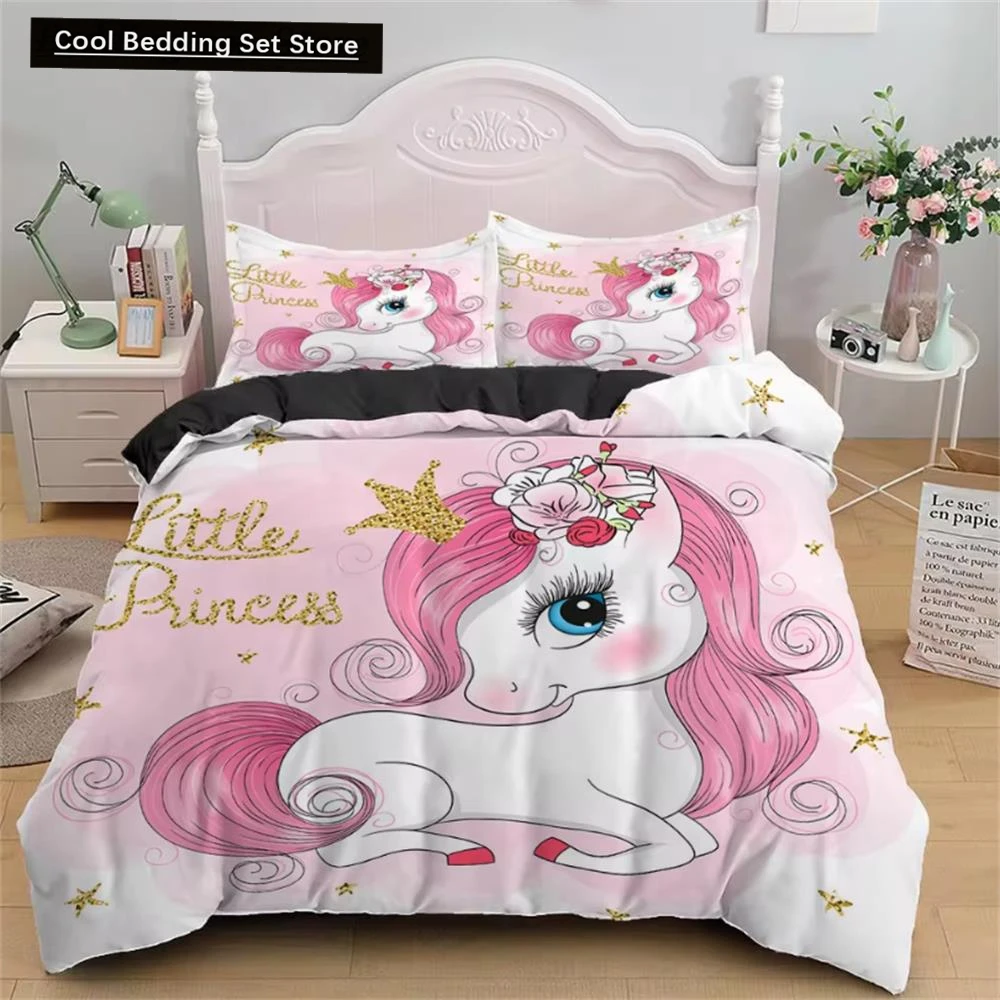 

Children Bedding Sets Gifts Unicorn and Colorful Horse Printing Duvet Cover Sets for Kids Girls Boys 2/3 Pcs Single Pink Quilts