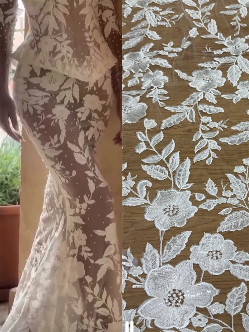 Flora New Style Off-White Embroidery Tulle Mesh French Wedding Dress Lace Fabric One Yard