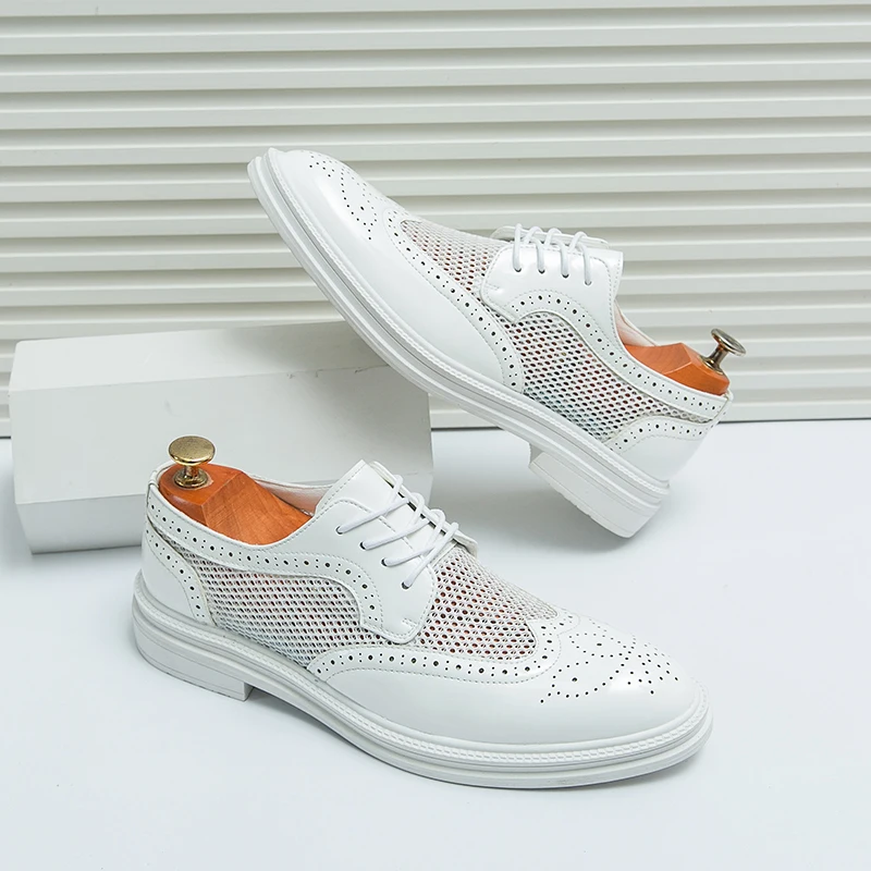 New Summer Fashion Men Oxfords Shoes Leather Shoes Patent Leather Formal Business Breathable Dress Shoes Hollow Mesh Out Flats