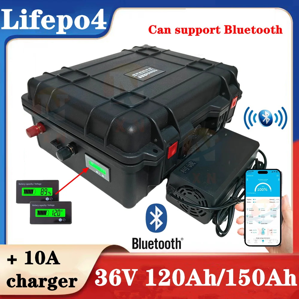 XN 36V 120Ah 150AH lifepo4 lithium battery bluetooth BMS APP for 4000w go cart bike scooter boat golf cart +10A Charger