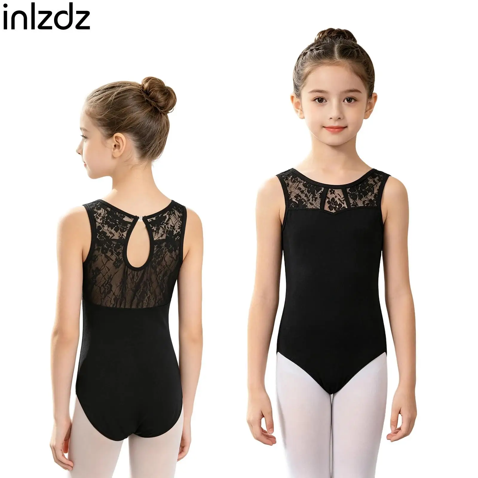 

Child Lace Patchwork Ballet Gymnastics Leotard Girls Sleeveless Keyhole Back Bodysuit Playsuits for School Dance Class Practice