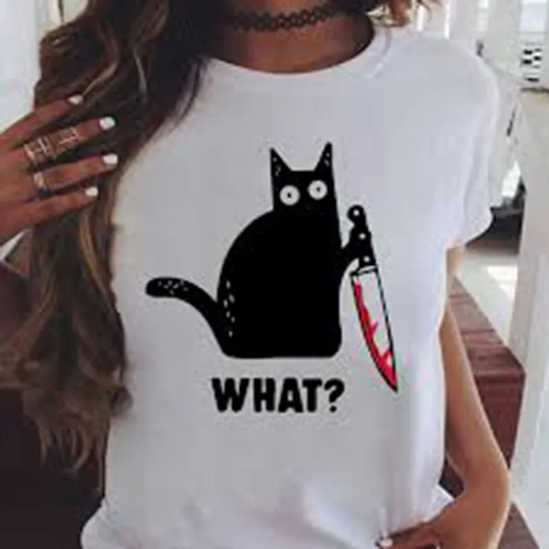 Summer Y2K Kitchen Knife Black Cat Letter Wha Print Short Sleeve   Pure Cotton T-Shirts  Cool Tee Clothes Street Hip Hop Tops