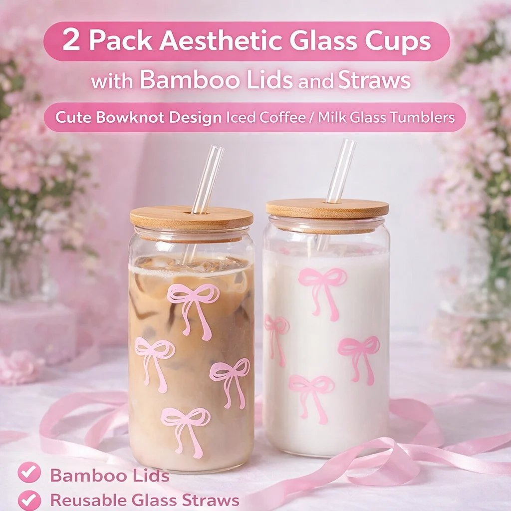 24oz Glasbecher mit Henkel, Strohhalm und Deckel – Wiederverwendbarer Büro-Kaffeebecher mit Begonia-Blumenmuster für kalte Getränke, große Kapazität, Wasserbecher