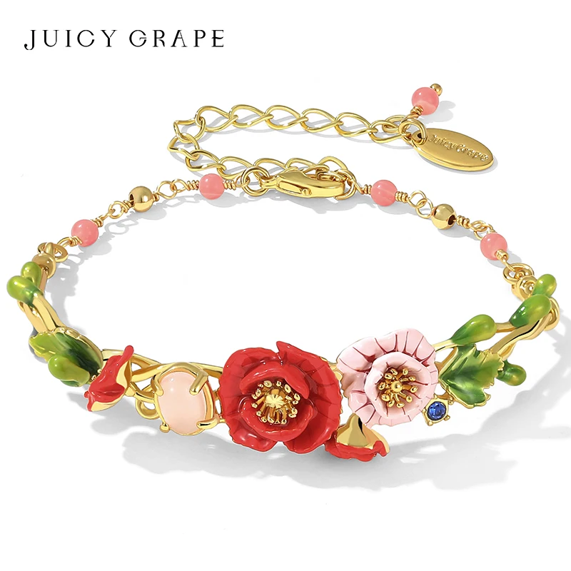 

Red Flowers Bracelet for Women Delicate Adjustable Bracelet 18K Palated Gold Handmade Enamel Design Luxury Wedding Jewelry