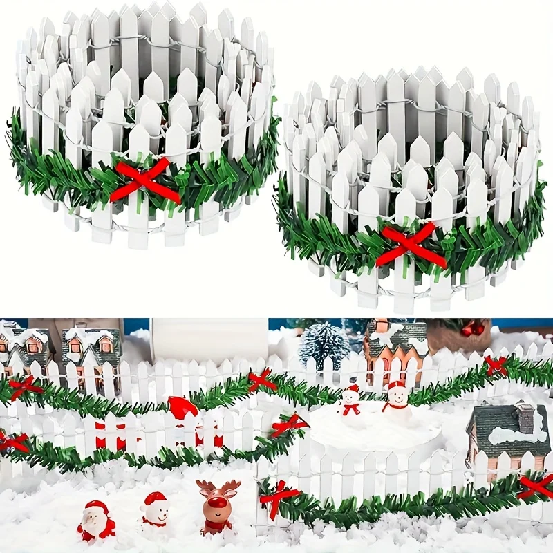1 Stück Mini weißer Lattenzaun mit Holzbildern, grüne Girlande, rote Schleifen, Mini-Weihnachtsdorf, Gartendekoration, Puppenhaus im Freien