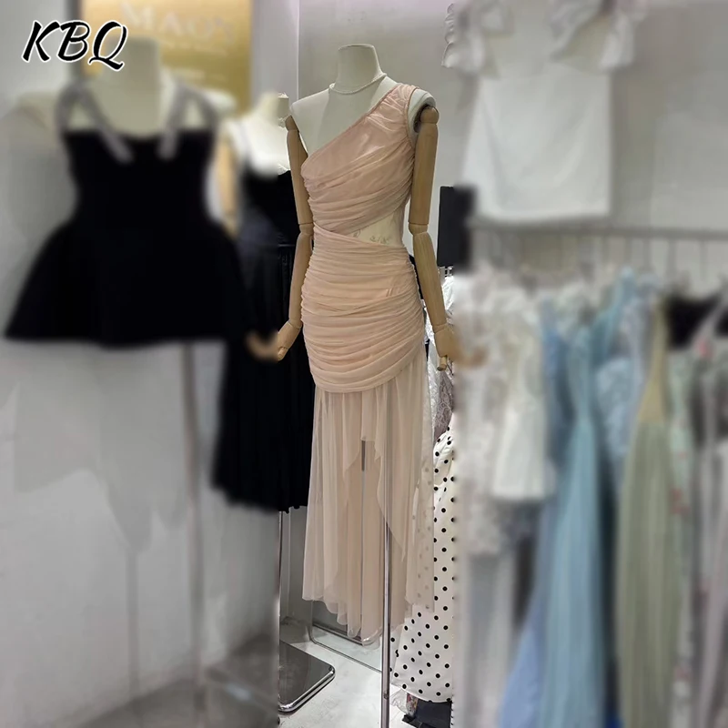 

KBQ Solid Spliced Folds Slimming Dresses for Women Diagonal Collar Sleeveless Backless High Waist Temperament Dress Female New