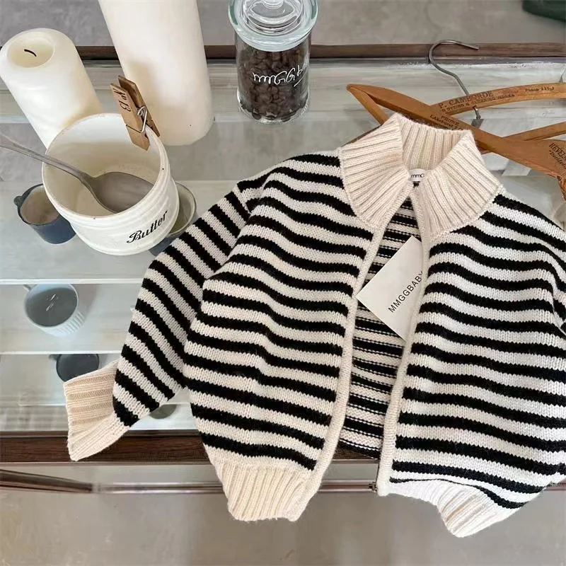 Korean Children\'s Sweater 2024 Spring and Autumn New Boys and Girls Fashion Simple Stripe Knitted Cardigan Baby Zipper Coat Kids