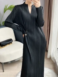 Miyake Pleated Korean Fashion Dress Women Designer 2023 Spring Winter Long Sleeve Casual Black Dresses Elegant Aesthetic Clothes