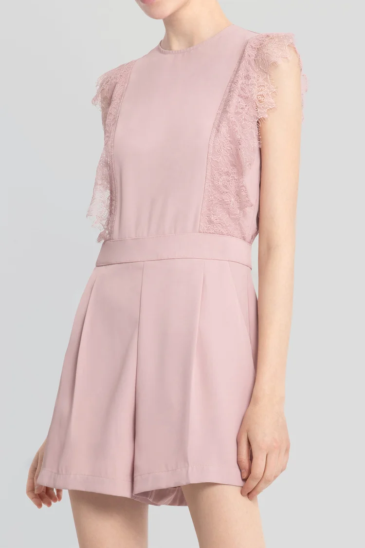 

Summer New Women's Lace Splicing Design Pink Svel Wide Leg ort Pants Jumpsuit Thin Polyester Fabric mid Waist orts