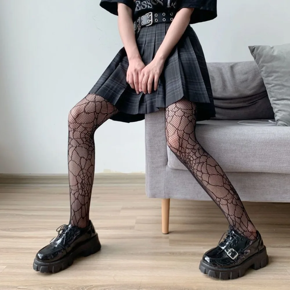 ลายฮาโลวีน Y2K Fishnet Tights ตาข่าย Hollow โปร่งใส Gothic Lolita JK ถุงน่องยาว Punk Harajuku