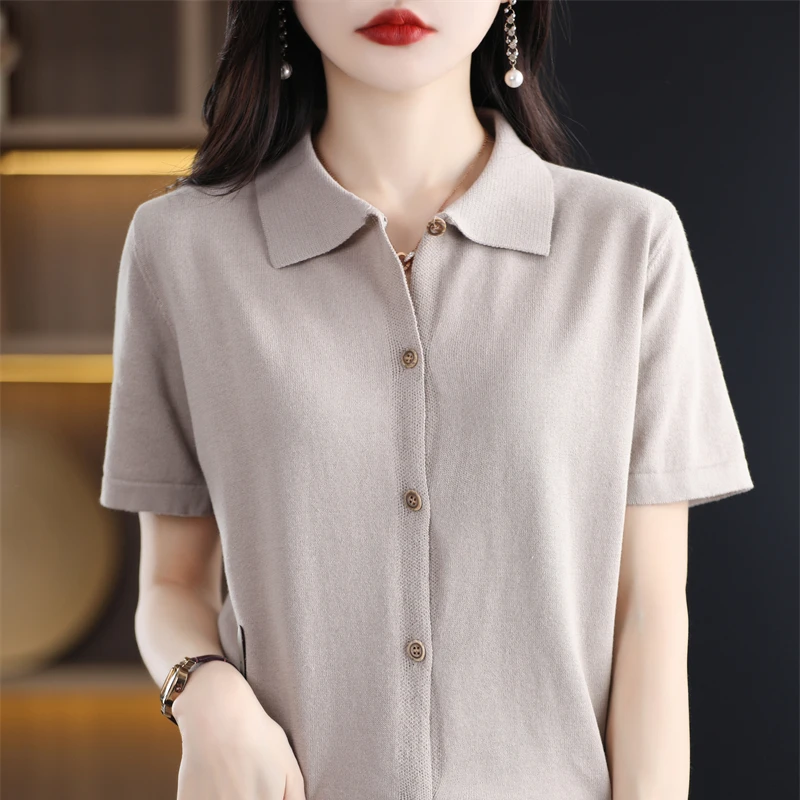 Spring and summer new 100% cotton women's POLO neck shirt short sleeve cardigan fashion slim shirt solid color shirt T-shirt