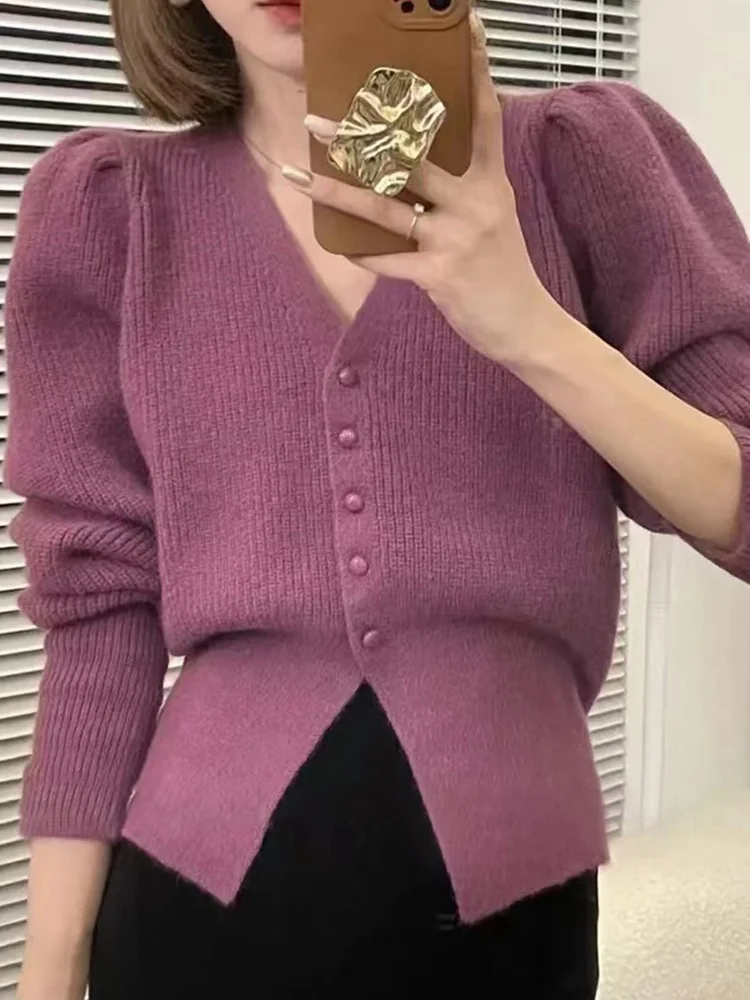 

Ele Purple Knitted Sweater Women's Autumn Winter New Faion e Beautiful Base Layer Sweater Cardigan V-ne Long S...