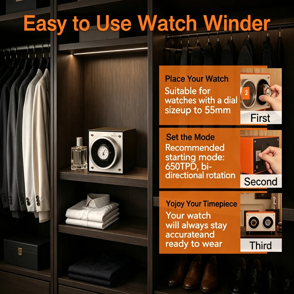 Mozsly Luxury Single Watch Winder, 20dB Ultra Quiet Japanese Motor, 12 TPD Custom Programs & 3 Rotation Modes, Dual Power Modular Anti-Magnetic, for Display Case, Fits Rolex Omega