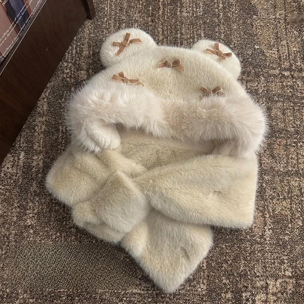 

Casual Fluffy Bow Ear Protection Hat Thickened Keep Warm Women Hooded Hat Ear Protection Windproof Lei Feng Cap Cycling