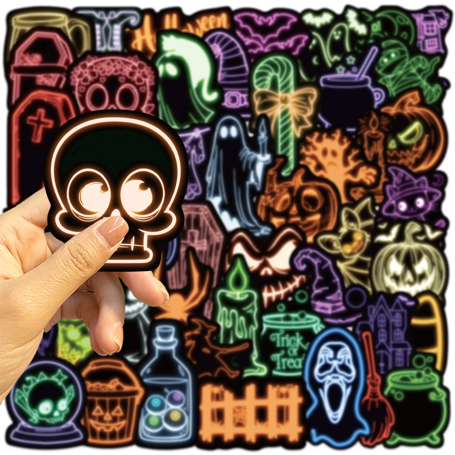 50/100PCS Nieuwe Neon Halloween Sticker Pack Spooky Horror Decals voor Waterflessen Feestartikelen Herbruikbare Zelfklevende stickers
