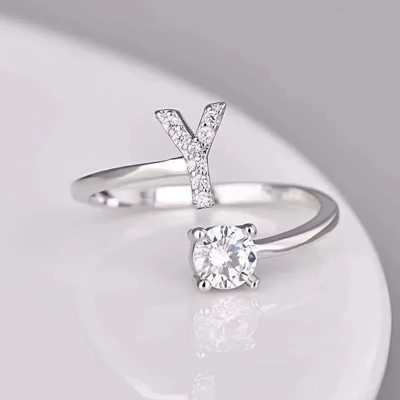 Adjustable Zircon Initial Letter Ring for Women Girls - Fashionable Alphabet Name Ring Wedding Jewelry Gift A-Z image 6