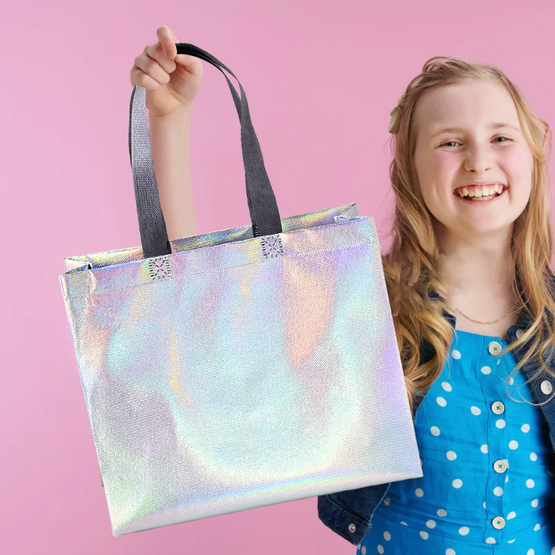 5pcs Handheld Shopping Bags Gift Holographic Bags Reusable Iridescent Tote Packaging Silver Wrapping Bags Birthday Party Supplie