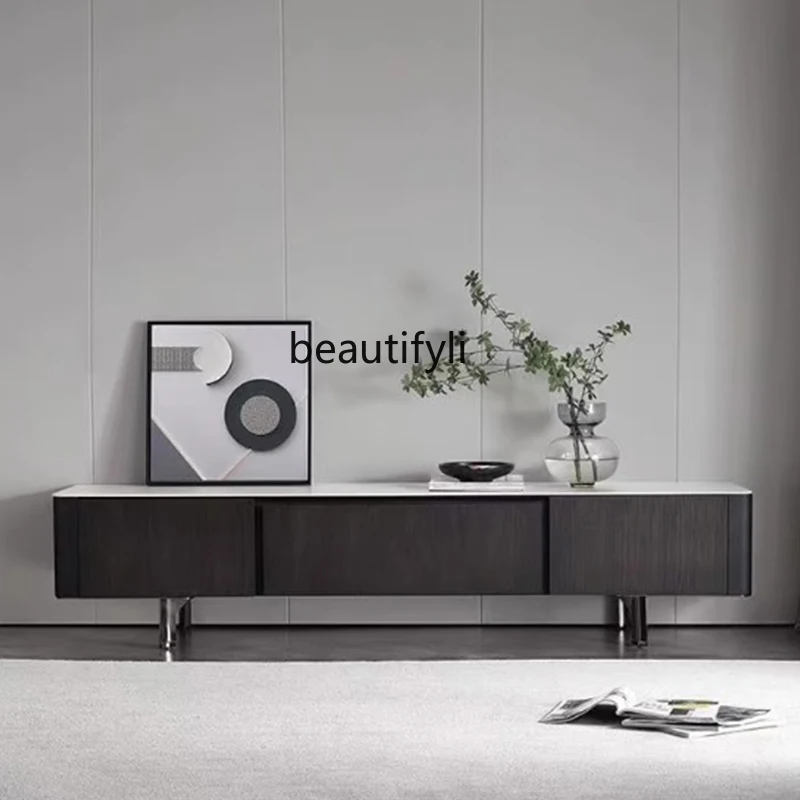 

Italian minimalist solid wood TV cabinet living room home modern light luxury rock slab floor cabinet storage locker