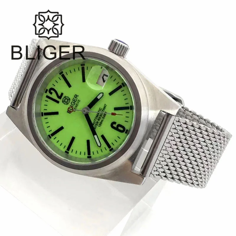 BLIGER Classic Mechanical Wristwatches 39mm Men Watch NH35 Movement Mesh Band Brushed Fixed Bezel White Dial Green Luminous Date