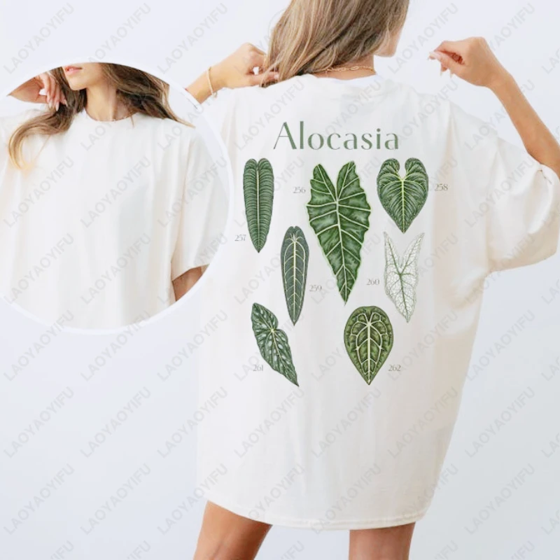 Alocasia Leaf Print on Back Botanical Poster Cotton Shirt Plant Lover Gift Monstera Floral Botany House Tshirt Men Women Tees