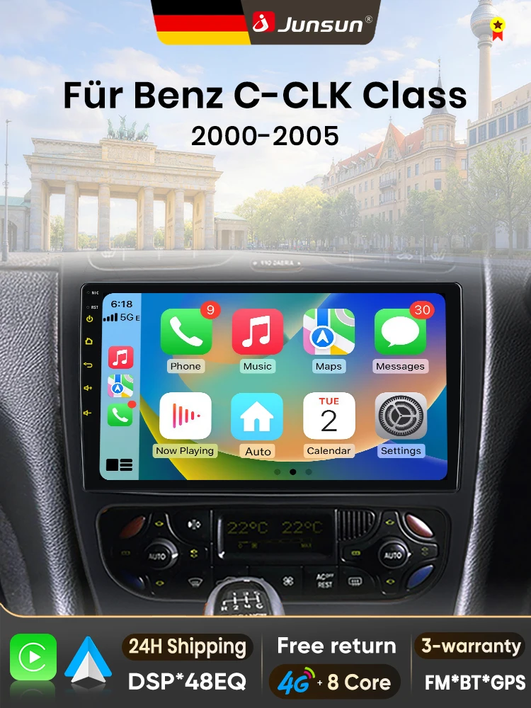 Junsun 9-Zoll Android 15 Autoradio für Mercedes Benz C-Klasse CLK-Klasse W203 W209 S203 A209 2000-2005, kabellos für Apple CarPlay, Auto-IPS-Bildschirm, Stereo-Multimedia-Videoplayer, intelligente