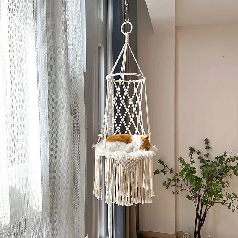 Cestino appeso per gatti di grandi dimensioni amaca appesa con frange intrecciate a mano creativa altalena per balcone comodo nido per gatti che