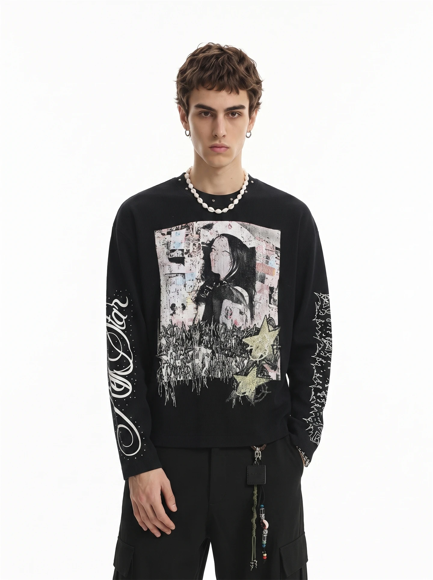 BETEBULE American High Street Subculture Print Long Sleeve T-Shirt Men Vintage Heavyweight Short Wide Top Loose Fit Style