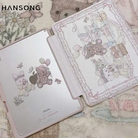 2025 New 3 Fold bear-rabbit iPad Case for Pro 11/12.9/13 M4 Air 11 13 3/4/5/6 5th-10th Gen 9.7/10.2 mini 6 7 with Pencil Holder