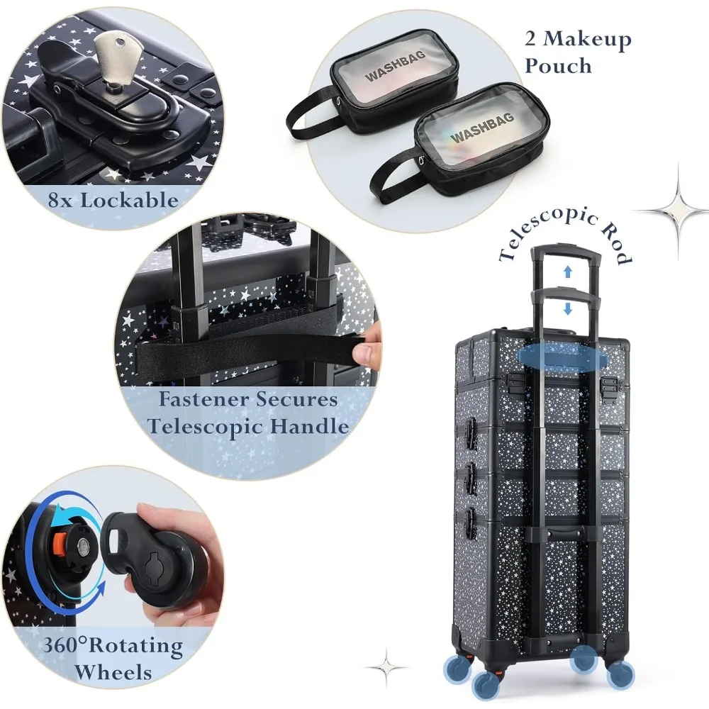 Rolling Makeup Case 4 in 1 Cosmetology Case on Wheels Makeup Travel Case with Brush Waist Bag Key Swivel Wheels Salon Trolley