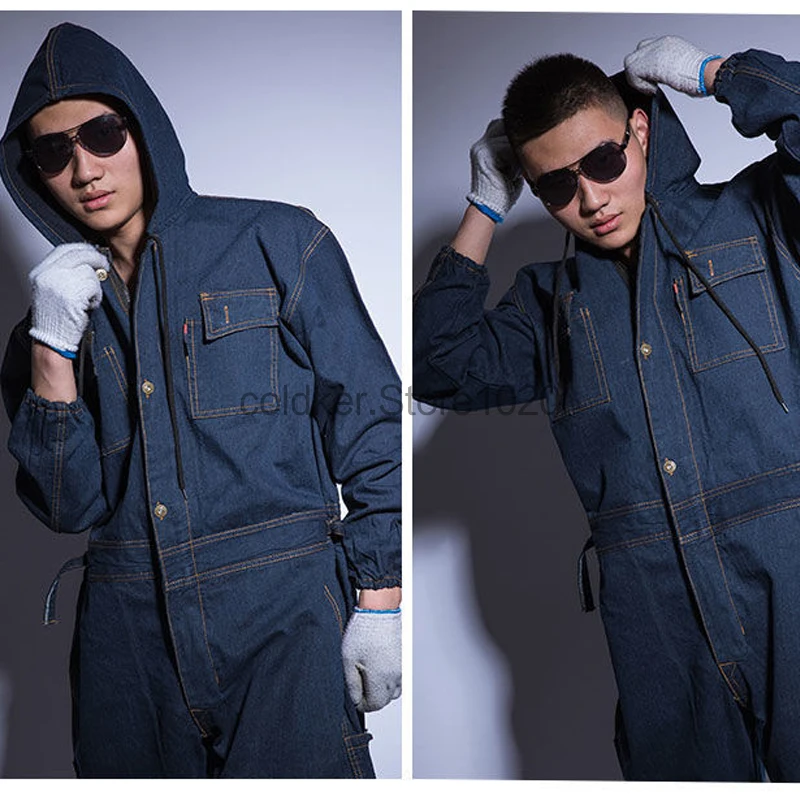 5xl Men's Denim Overalls Zipper Pocket Jumpsuit Unisex Fashion Electric Welding Suit Labor Insurance Clothes One-Piece Workwear