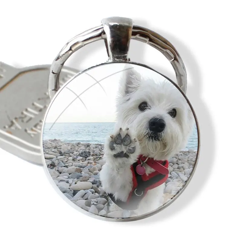 Westie Terrier Dog Puppy Highland Terrier Keychain Handmade Glass Cabochon Key Ring Holder Pendant Key Chains