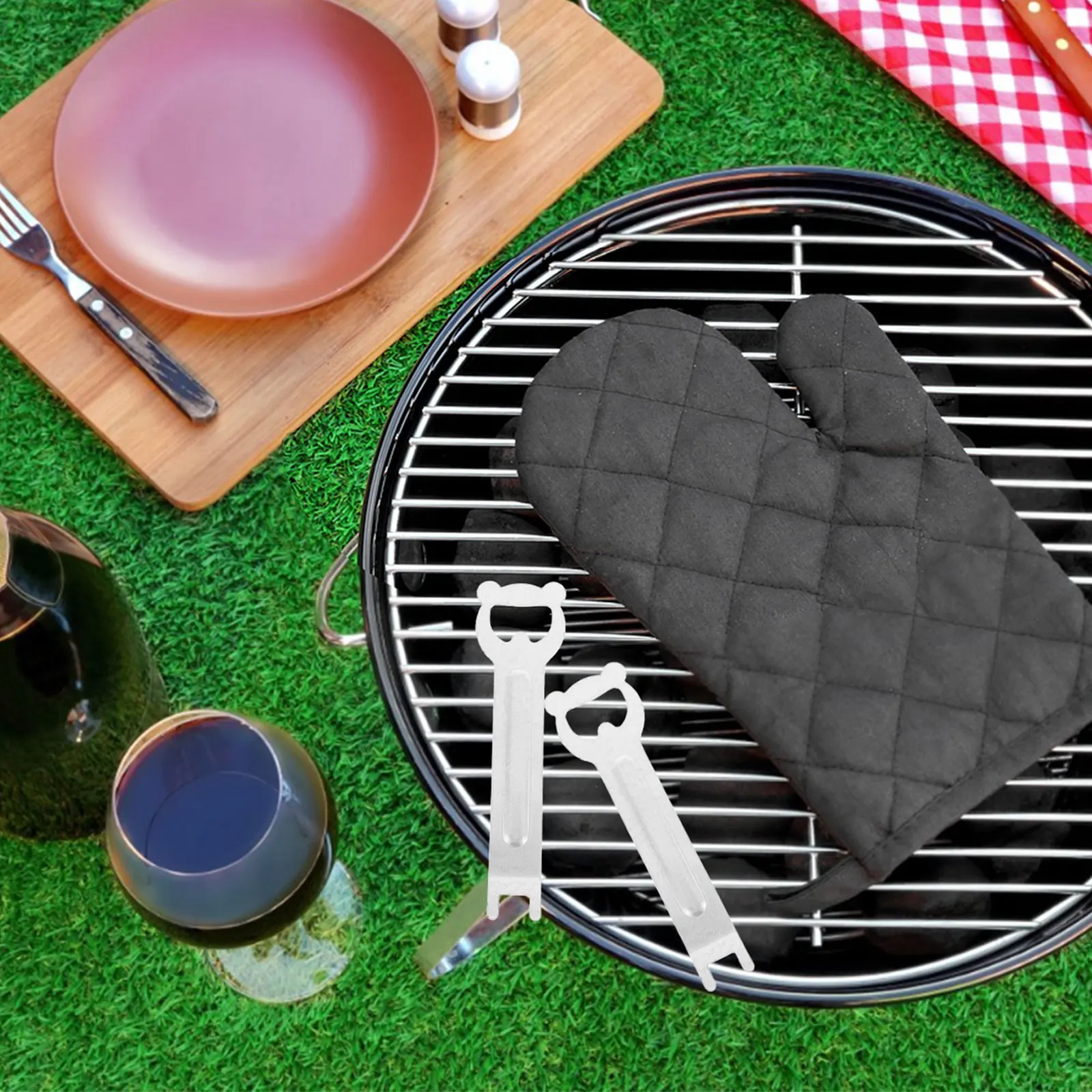 

4Pcs Barbecue Grill Grate Lifter Stainless Steel Multi Functional Bottle Opener for Outdoor Cooking Camping Essential Bbq