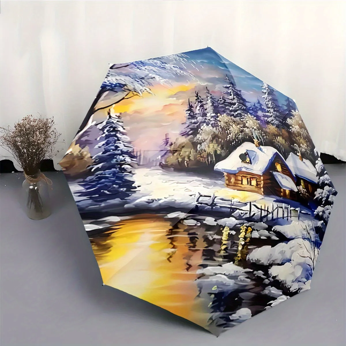 

Автоматический зонт с кнопкой открытия/закрытия одним касанием — компактный складной дизайн, ветрозащитная 8-спицевая конструкция, Snowy Cabin & Sunset Rive