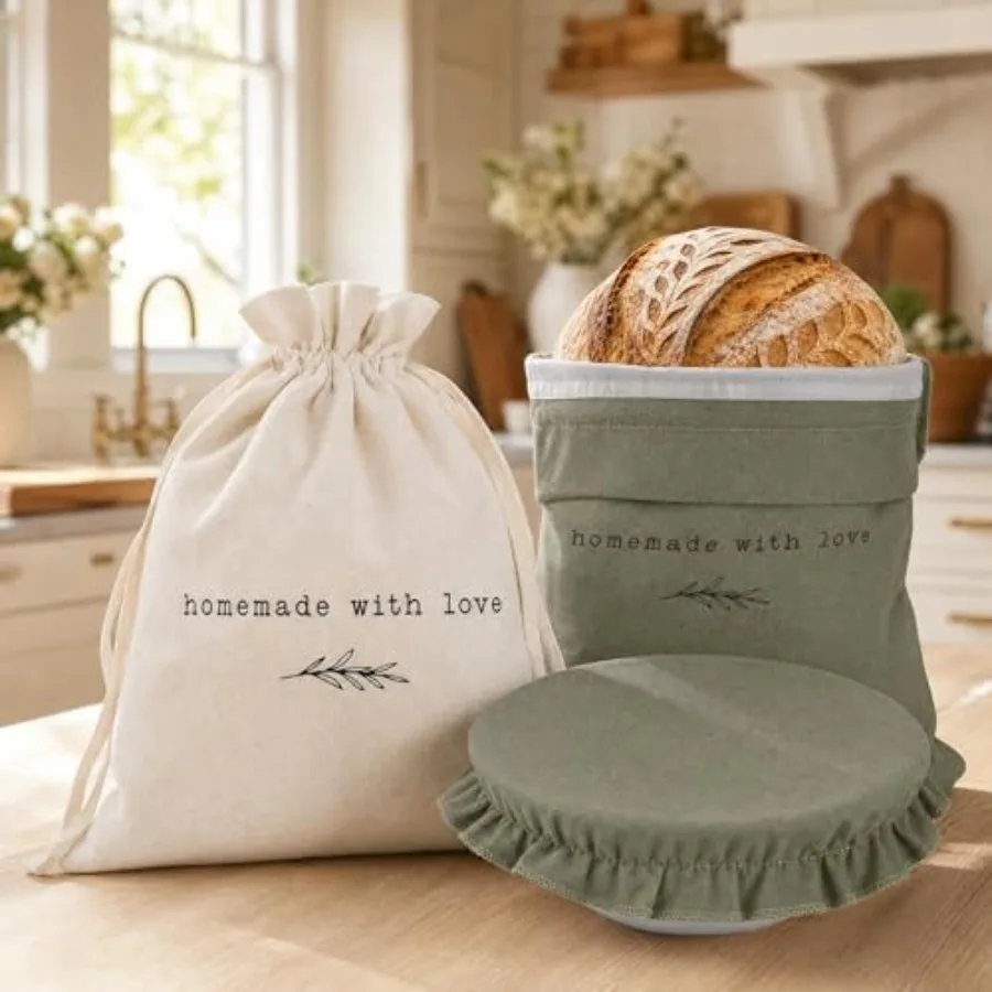 Beautiful Linen Bread Bag Set and Proofing Cover For Homemade Sourdough Bread - Keeps Your Loaf Fresh for Days - Reusable and E