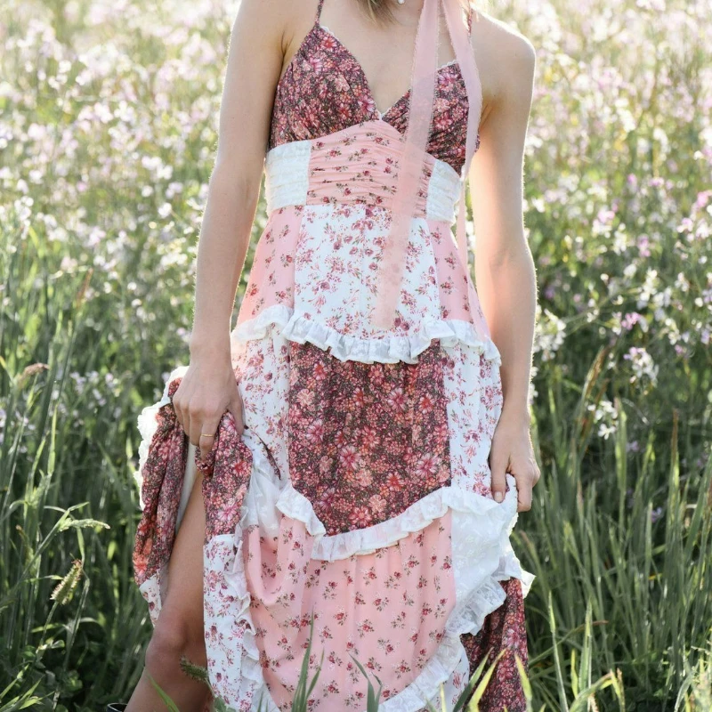 Nieuwe modieuze Europese Amerikaanse stijl damesachtige elegante mouwloze halterprint patchwork lange jurk voor dames 2026 zomer