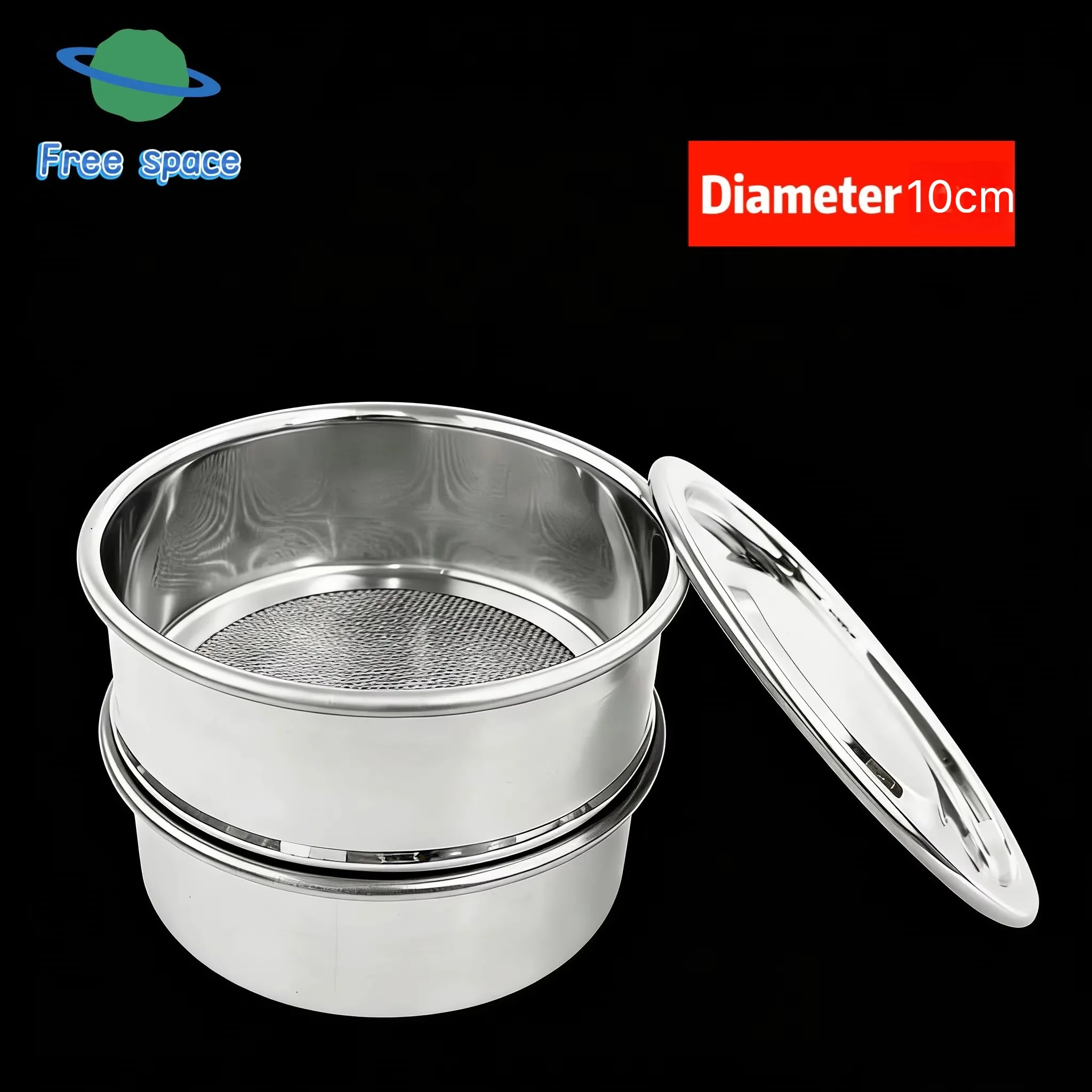 Dia 10 cm, 1 Set Lid+Bottom+Test Sieve, Stainless Steel Cover & Container for Lab Sampling Inspection Pharmacopoeia Sieve