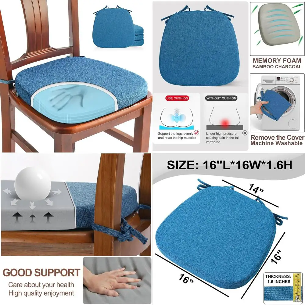 

Memory Foam Chair Cushions Set of 4, U-Shaped Comfort Kitchen Seat Pads, Removable Slip-Resistant Dining Chair Covers, Blue