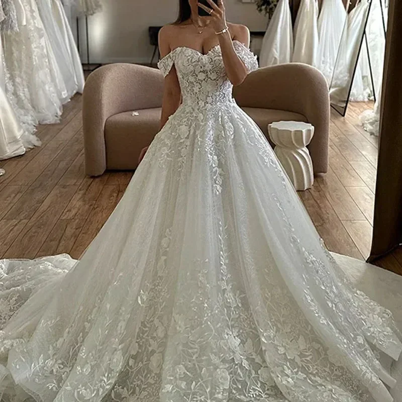 제인 에어 맞춤형 A라인 레이스 아플리케 웨딩드레스 오프숄더 스위트하트 웨딩 가운 백리스 신부 드레스