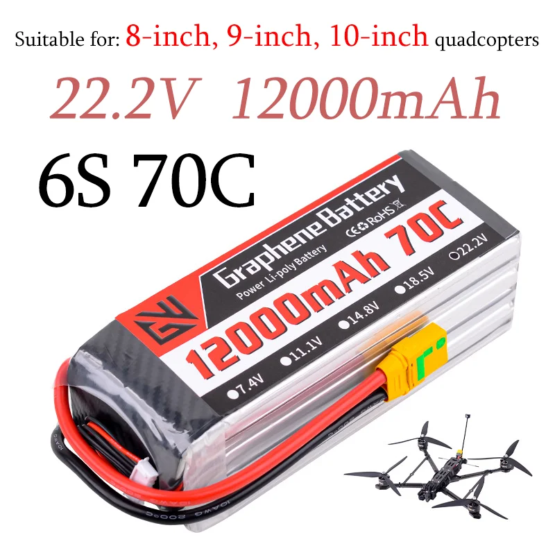 

Батарея самолета 6S 12000 мАч 22,2 В автомобильный аккумулятор с дистанционным управлением 6S 70C с XT60 Подходит для 8-дюймовых 9-дюймовых 10-дюймовых квадрокоптеров
