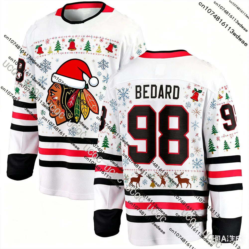 عيد الميلاد تحت عنوان BEDARD No.98 هوكي الجليد رجل جيرسي شيكاغو عيد الميلاد طبعة محدودة الهوكي جيرسي المشجعين هدية الكريسماس تي شيرت #5