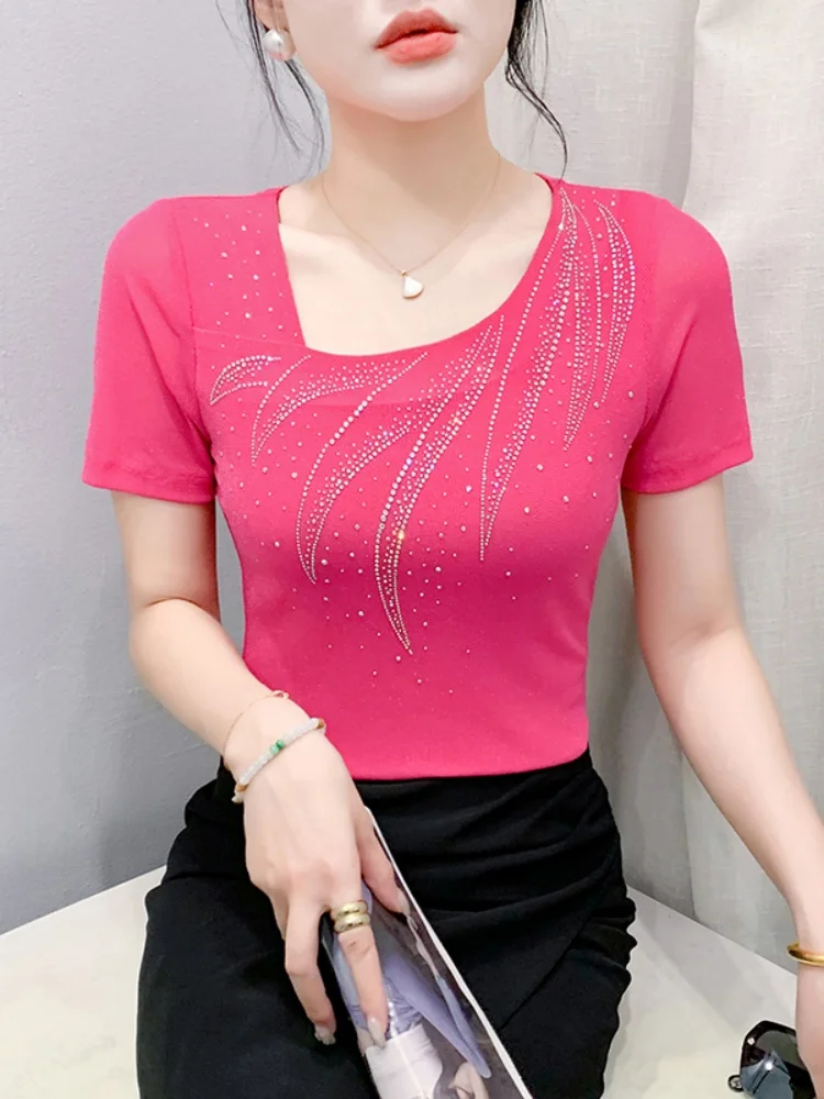 Sexy Me T-irt Women's ort Sve Summer Faion European Sle Heavy Drill Slim Fit Trendy Small irt Korean Sle