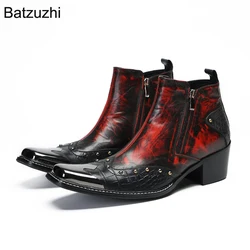 Batzuzhi Handmade High Quality Men's Shoes Silver Metal Tip Leather Ankle Boots for Men Zip Red Fashion Boots Man, Big US38-46