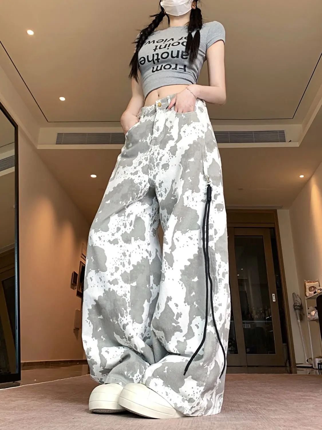 

American Wasteland Style Tie-Dye High Waist Drooping Wide-Leg Pants Women Spring Autumn New Design Loose And Lazy Floor Pants