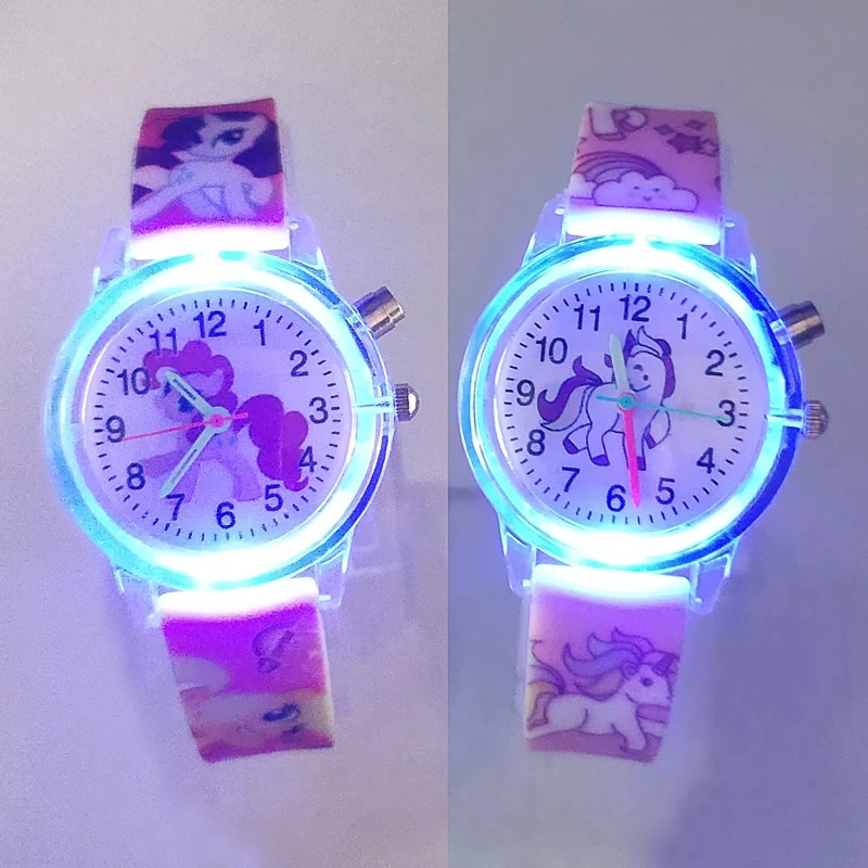 Flash Light Children Watches Cute Cartoon Unicorn Luminous Toy Kids Quartz Watch for Boys and Girls Birthday Gifts Clock