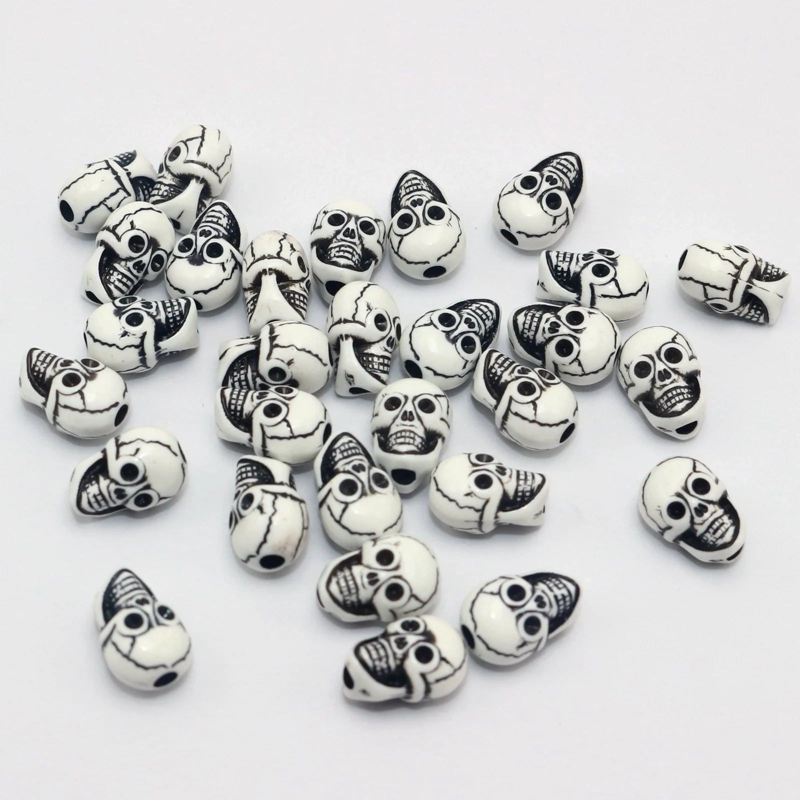 100 White with Black Color Acrylic Halloween Gothic Skull Beads 13mm Double side