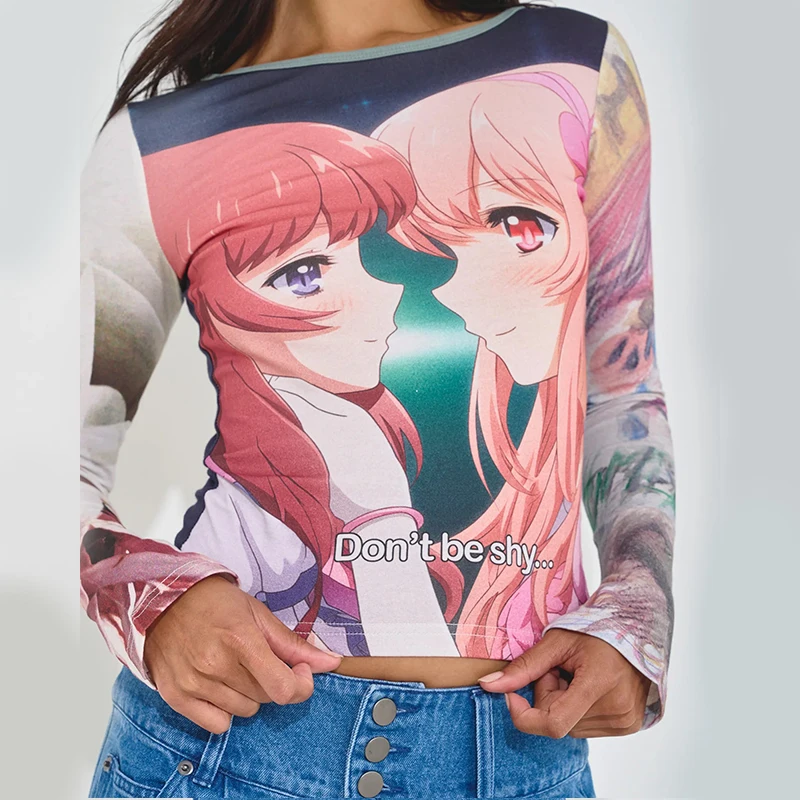 النمط الأوروبي والأمريكي أنيمي الكرتون المطبوعة بأكمام طويلة الرقبة المستديرة المرقعة الأعلى العصرية فتاة حار Y2K التنقل الترفيه