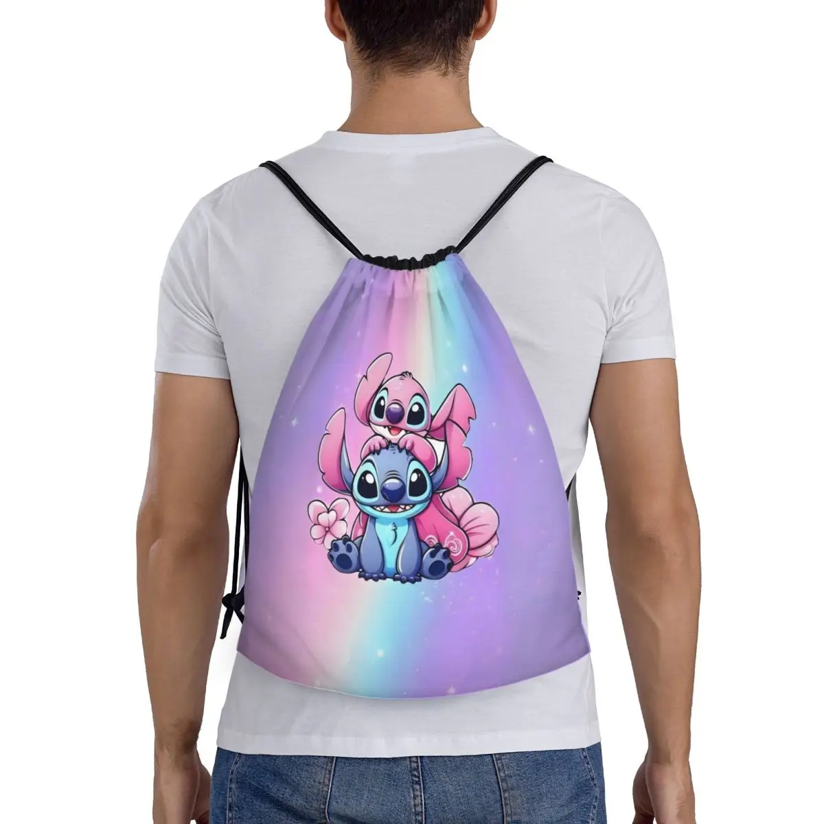 Personalizowane plecaki ze sznurkiem z motywem Lilo i Stitch, lekkie, kawaii, anime, idealne dla kobiet i mężczyzn, do siłowni, sportu, na jogę.